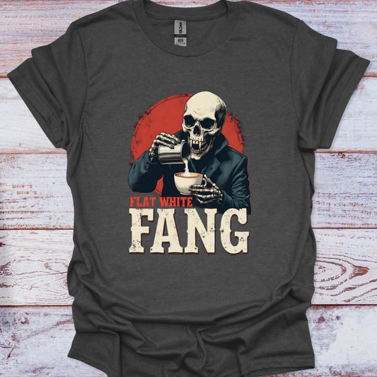 Dark gray t-shirt with a skull design holding a coffee cup and 'Flat White Fang' text on a wooden surface.
