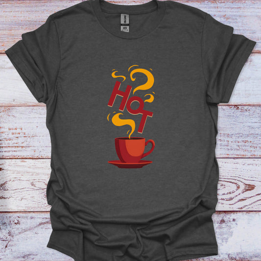 Dark gray t-shirt with a red coffee cup and 'Hot' text design on a wooden surface