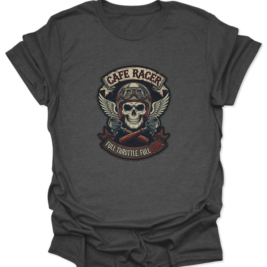 Distressed retro "Cafe Racer" design with espresso handles and a skull motif centered on a dark heather gray shirt.