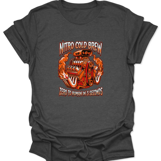 A dark heather gray t-shirt featuring an orange and chrome V8 engine graphic with coffee bean details and "Nitro Cold Brew" text.