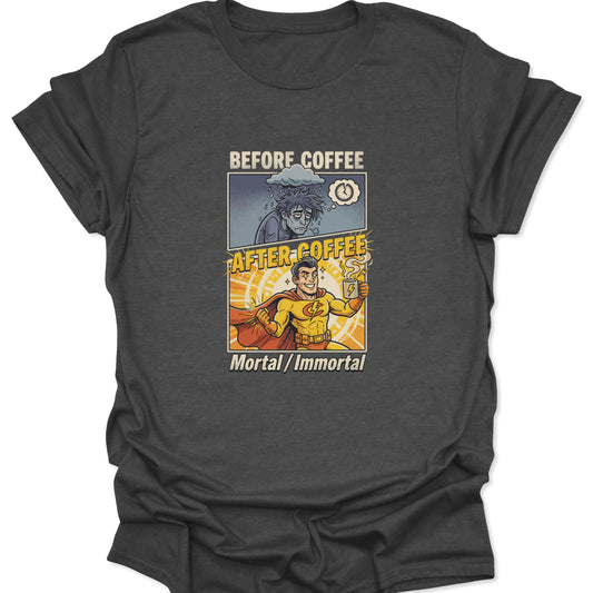 Textured dark heather gray t-shirt with a vintage-style comic print of a superhero holding a lightning bolt coffee mug.