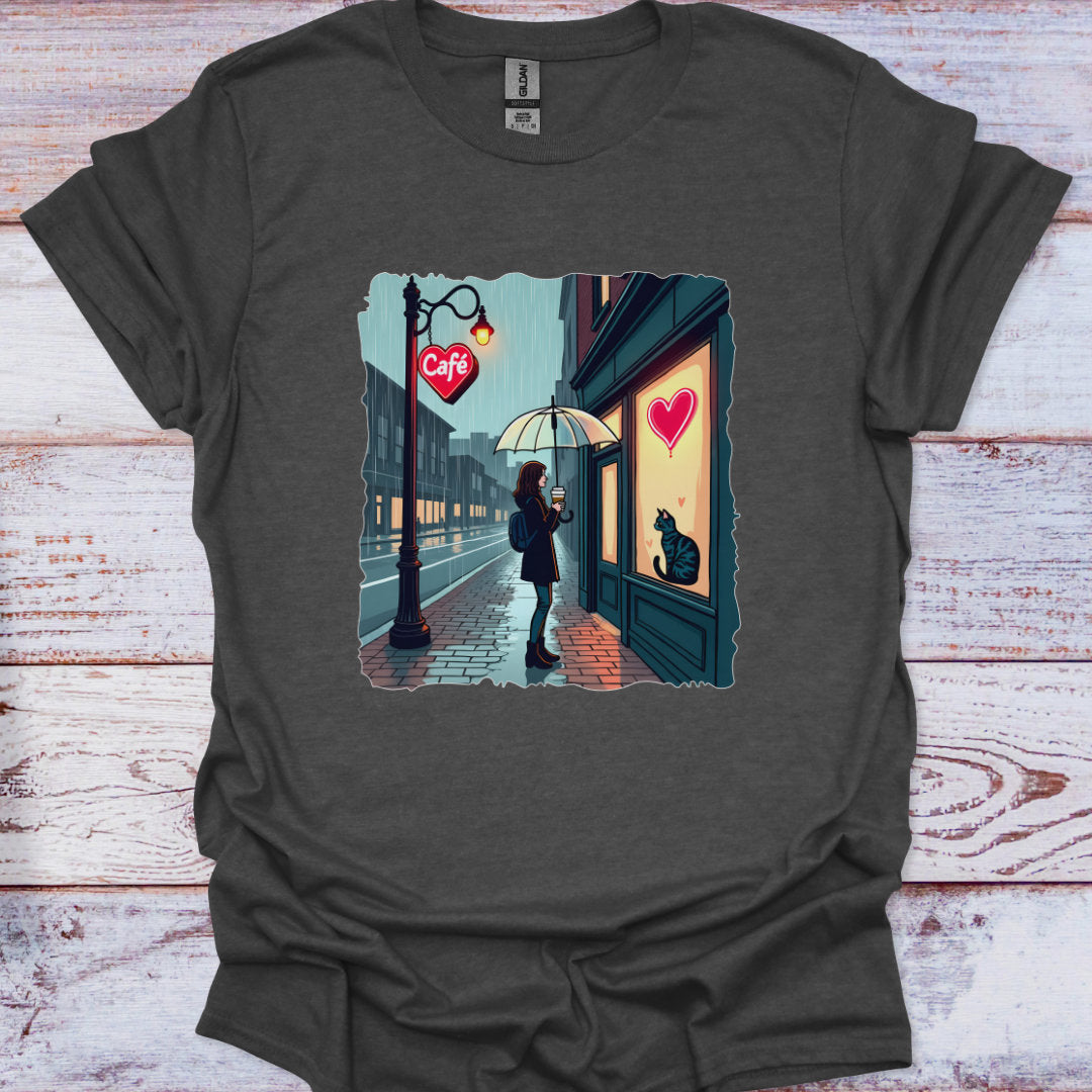 Dark gray t-shirt with a graphic of a person with an umbrella standing outside a cafe, featuring a heart-shaped window and streetlight.