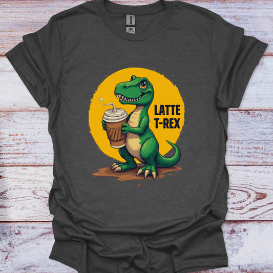 Gray t-shirt with a cartoon dinosaur holding a coffee cup on a wooden surface