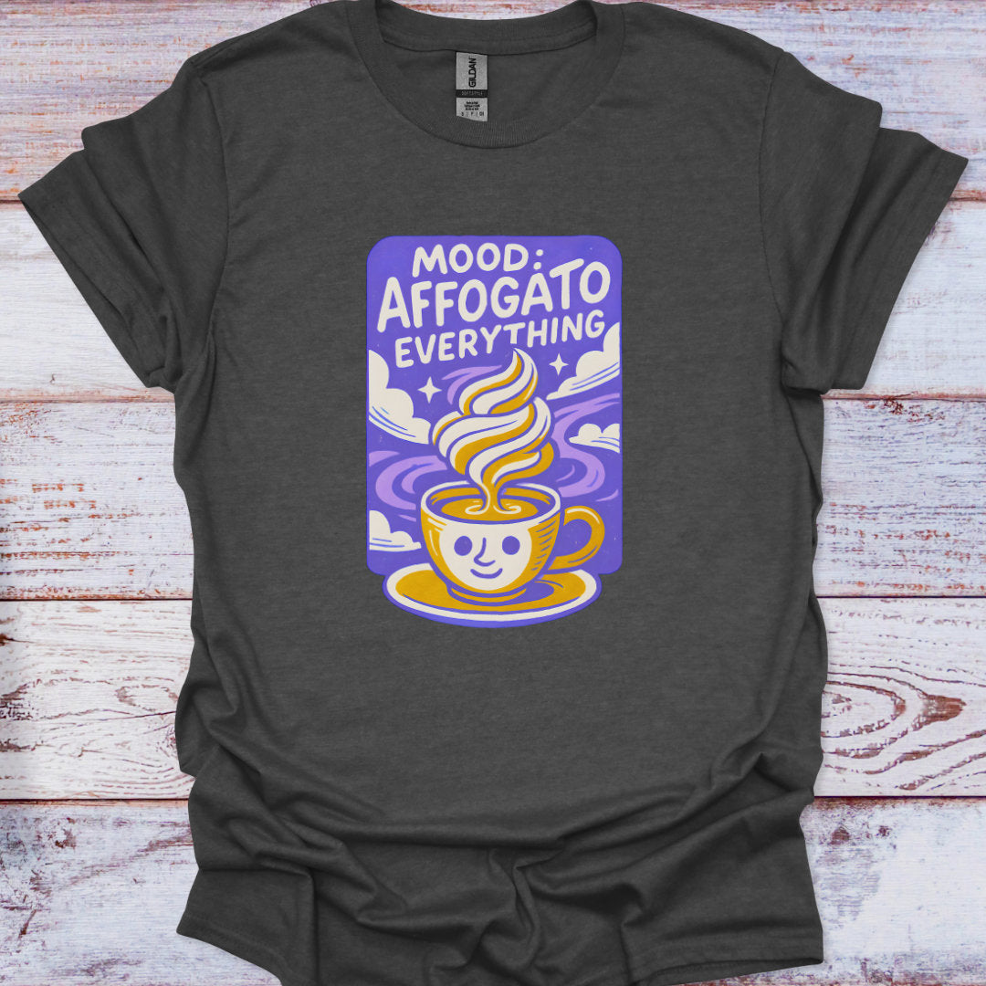 Dark gray t-shirt with a colorful graphic and text on a wooden surface