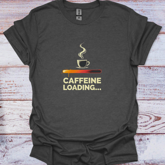 Dark gray t-shirt with a coffee cup and 'Caffeine Loading...' text on a wooden surface