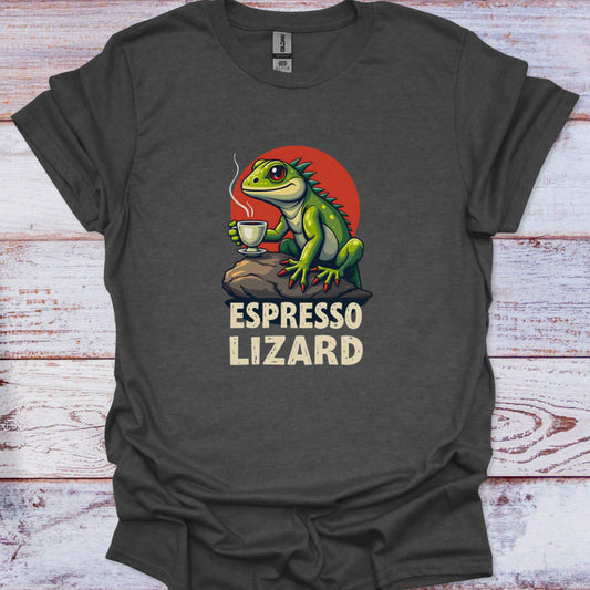 Dark gray t-shirt with a graphic of a lizard holding a cup of coffee and the text 'Espresso Lizard' on a wooden surface.