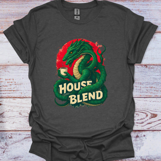 Dark gray t-shirt with a green snake design and 'House Blend' text on a wooden surface
