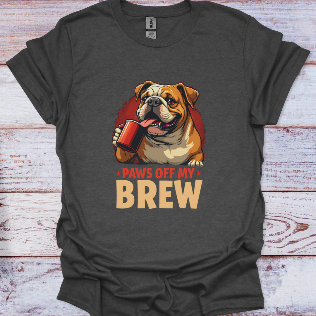 Dark gray t-shirt with a bulldog graphic and 'Paws off my Brew' text on a wooden surface.