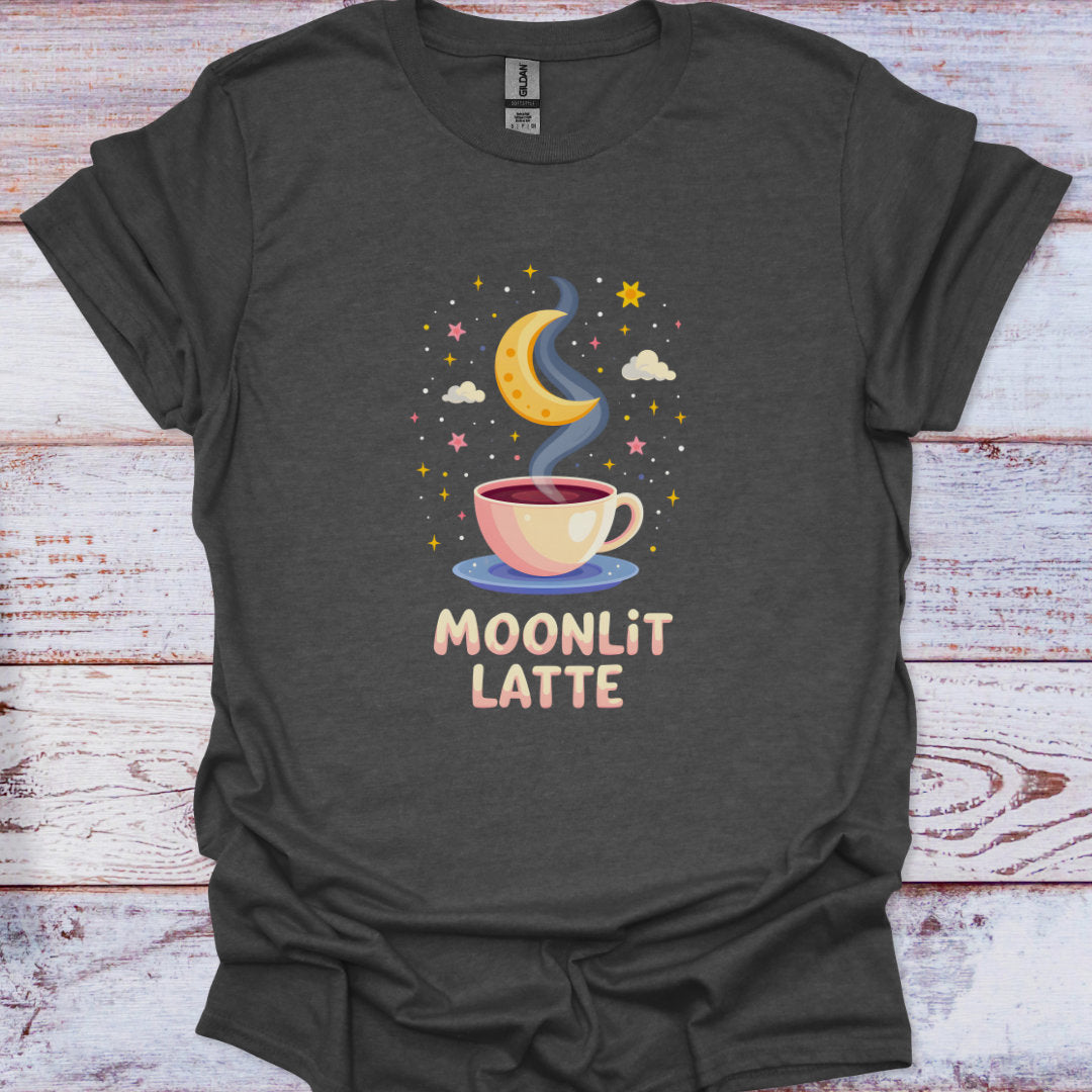 Dark gray t-shirt with 'Moonlit Latte' design featuring a cup of coffee, moon, and stars on a wooden surface.