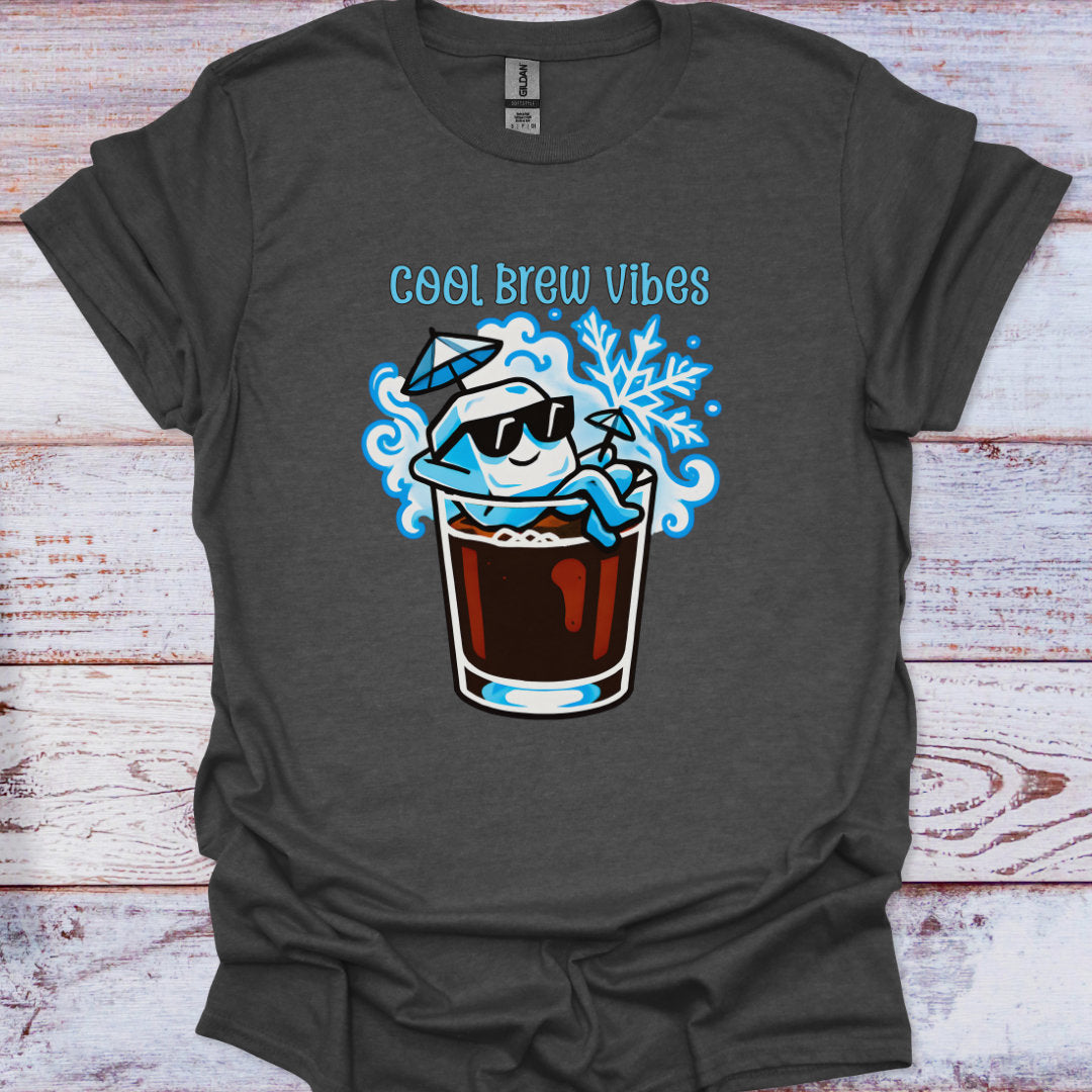 Gray t-shirt with 'Cool Brew Vibes' graphic on a wooden surface