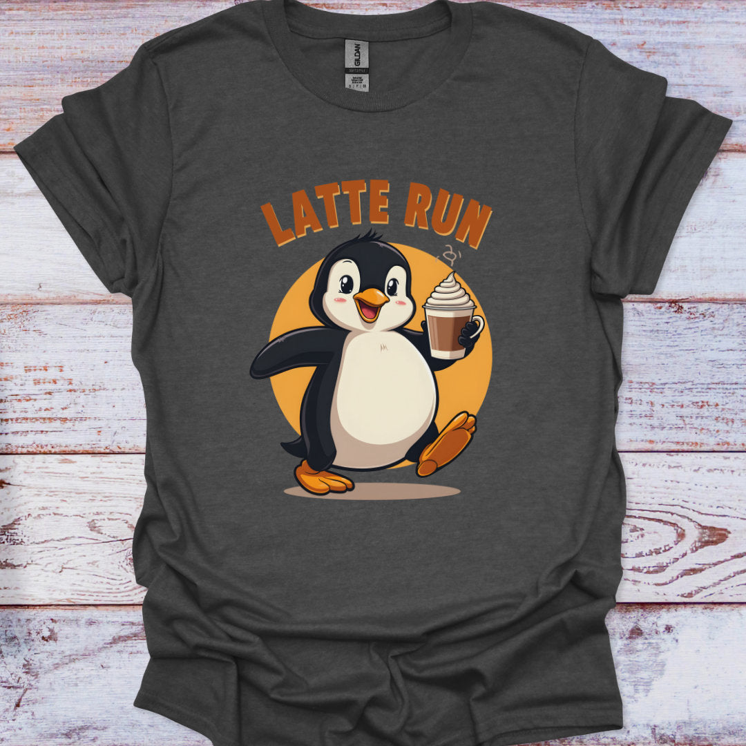 Dark gray t-shirt with a penguin holding a cup of coffee and 'Latte Run' text on a wooden surface.