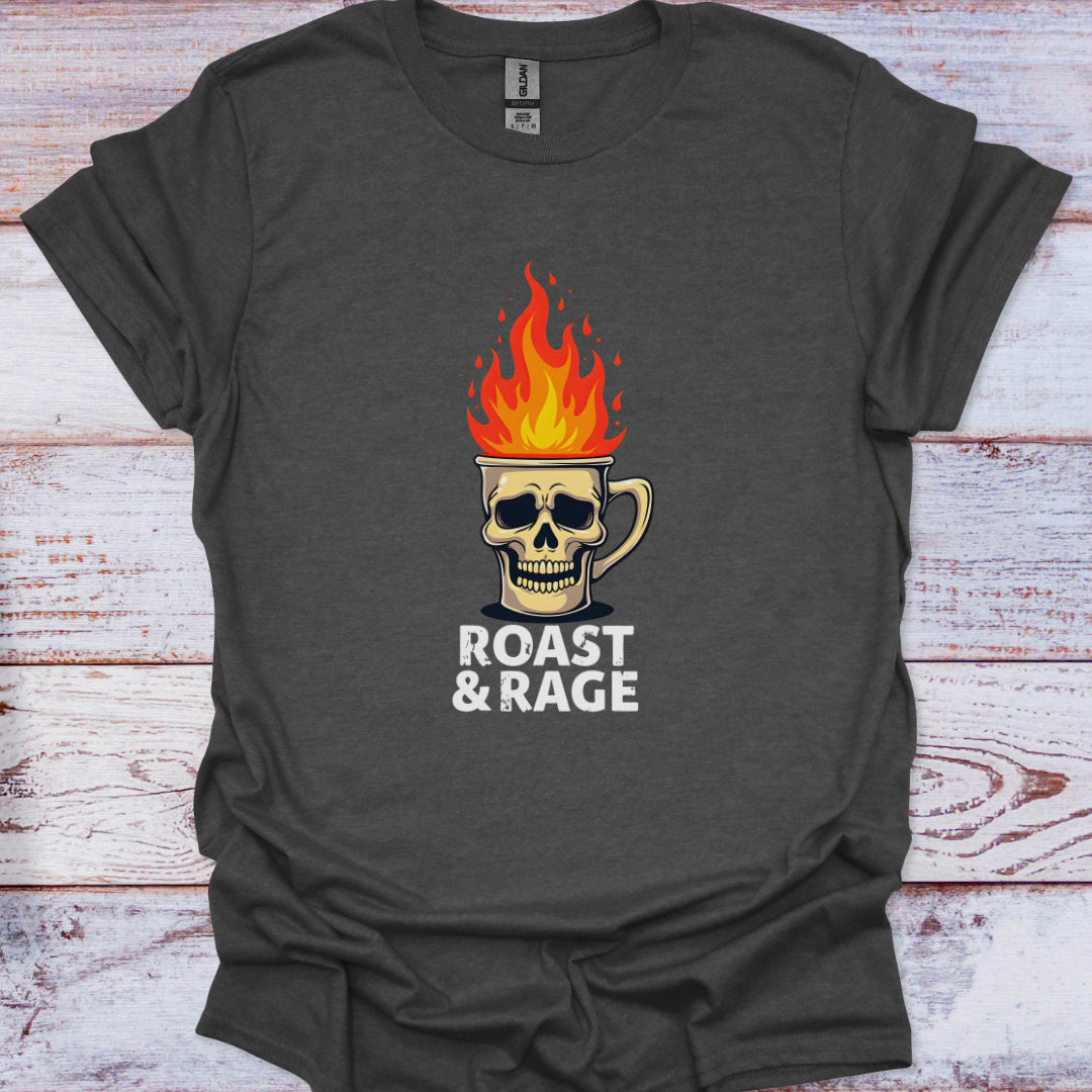 Dark gray t-shirt with a skull mug design and 'Roast & Rage' text on a wooden surface