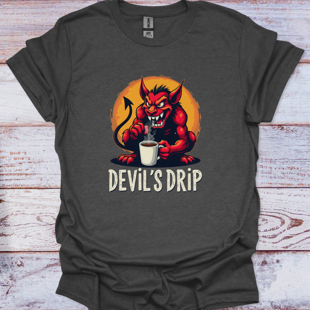 Gray t-shirt with a cartoon devil holding a coffee cup and 'Devil's Drip' text on a wooden surface.