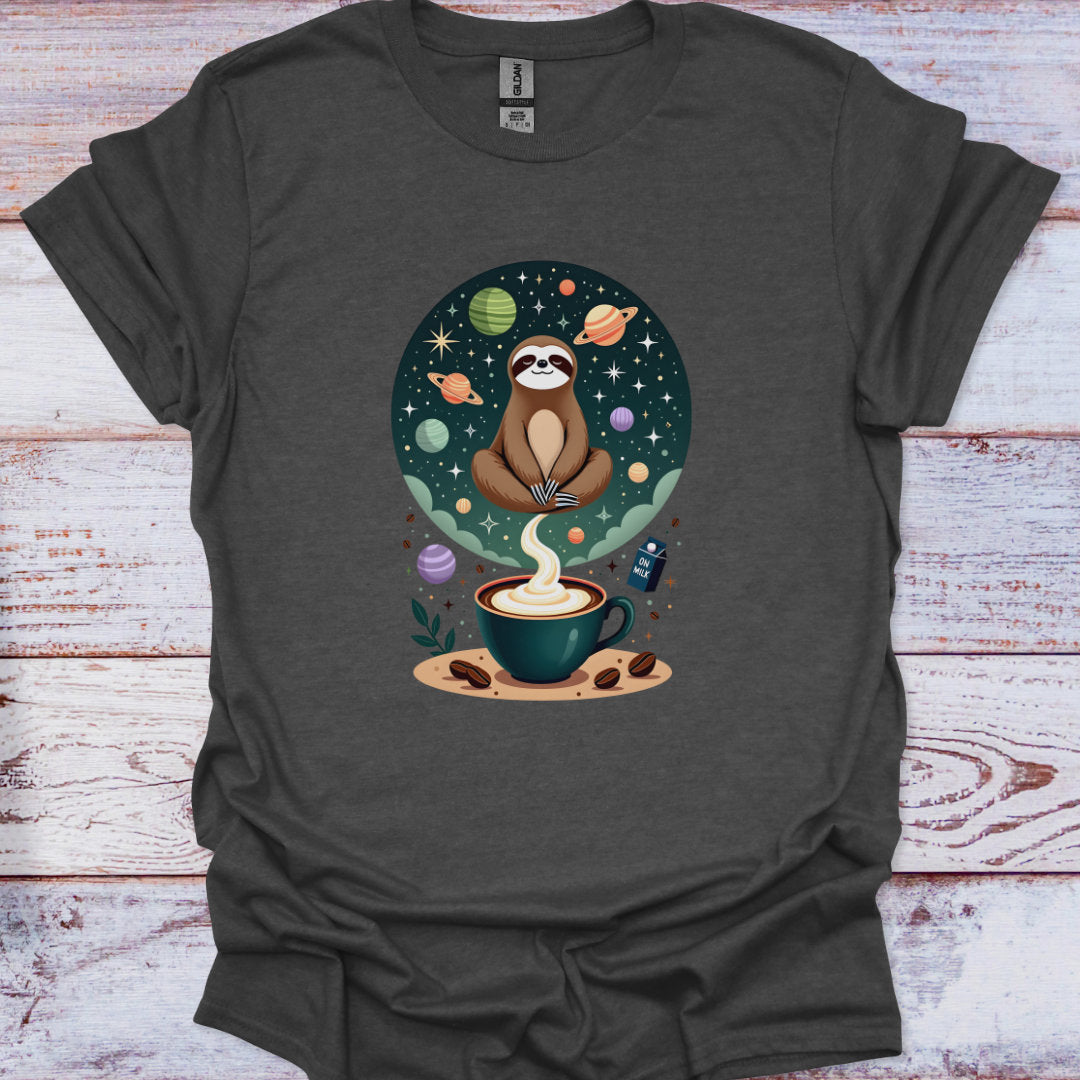 Dark gray t-shirt with a sloth and coffee cup graphic on a wooden surface