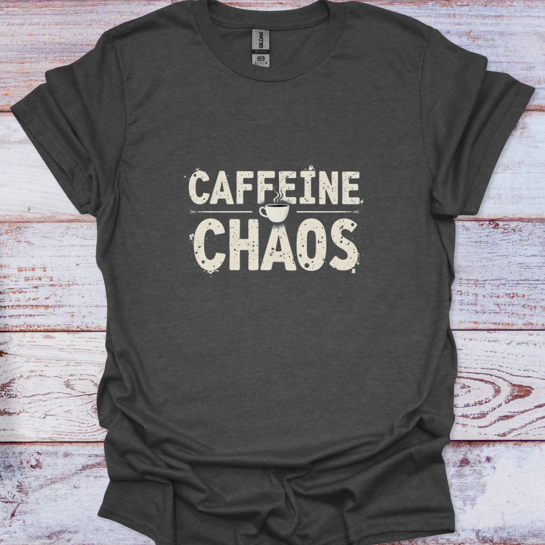 Dark gray t-shirt with 'CAFFEINE CHAOS' text on a wooden surface