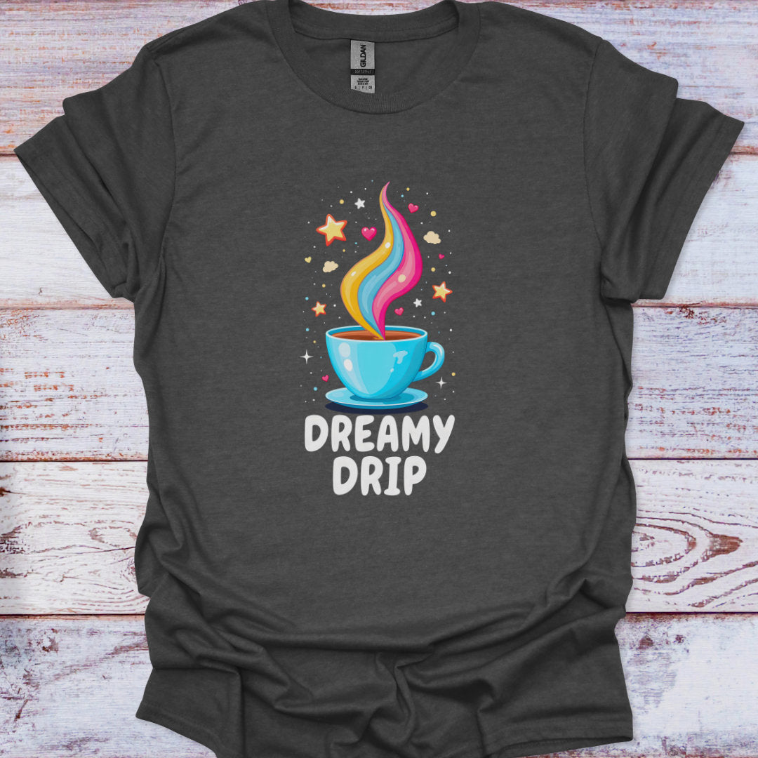 Dark gray t-shirt with a colorful coffee cup graphic and 'Dreamy Drip' text on a wooden surface.