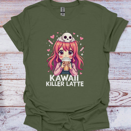 Green t-shirt with a graphic of a girl drinking a latte and text 'Kawaii Killer Latte' on a wooden surface.