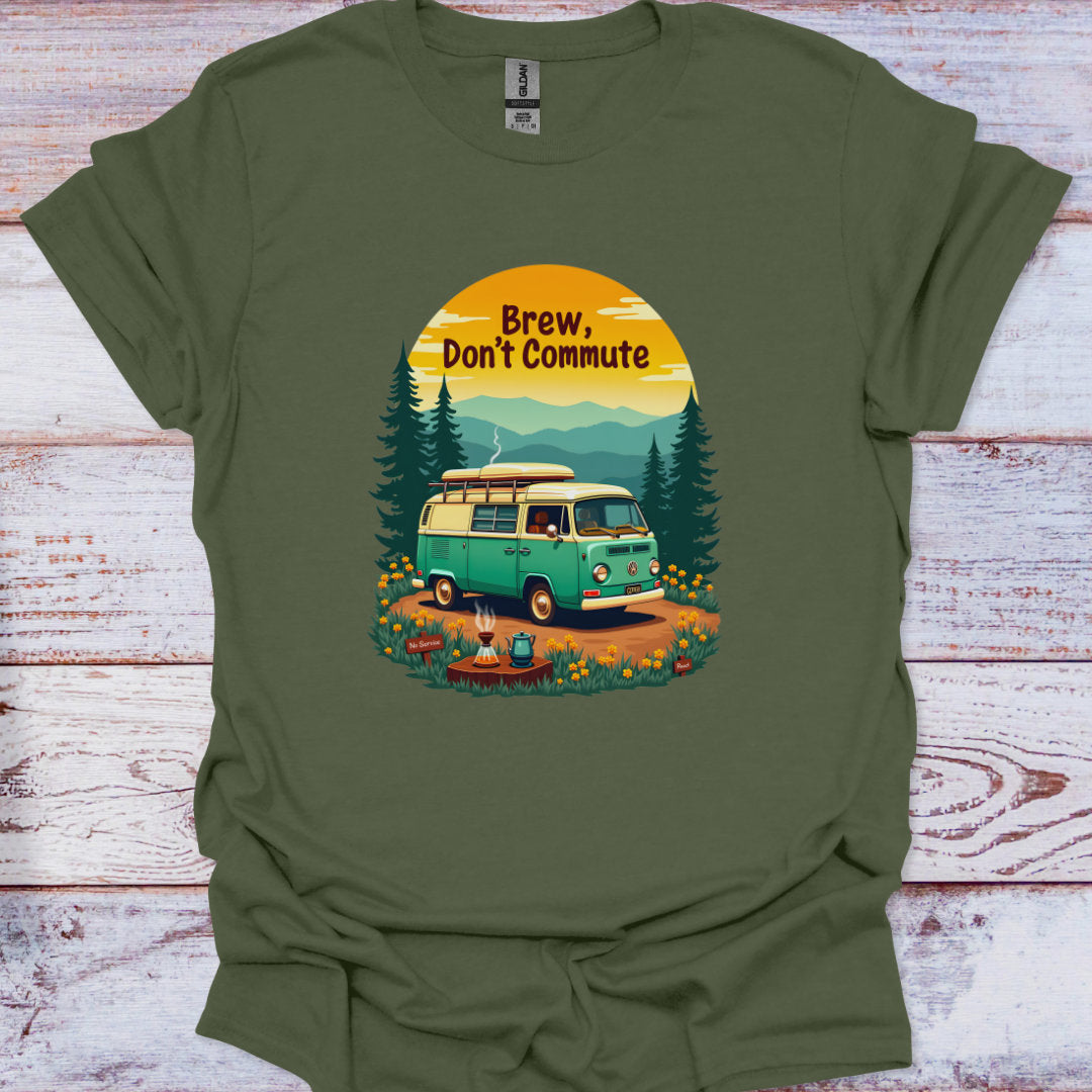 Green t-shirt with a van and 'Brew, Don't Commute' text on a wooden surface