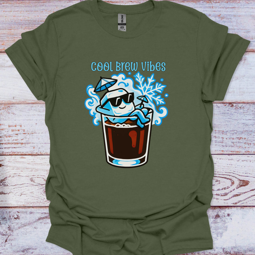 Green t-shirt with 'Cool Brew Vibes' graphic on a wooden surface