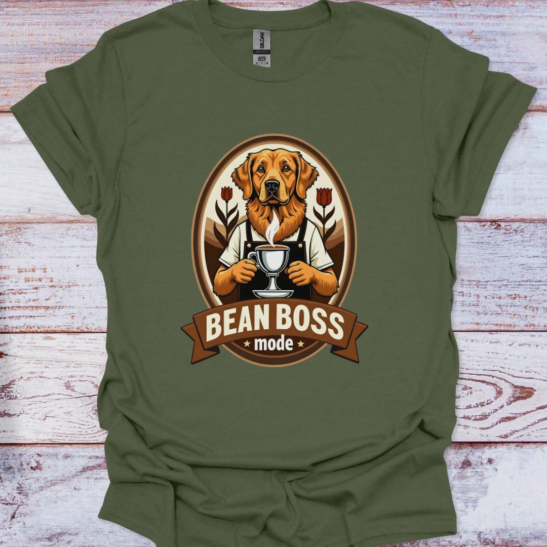Green t-shirt with a dog graphic and 'Bean Boss' text on a wooden surface