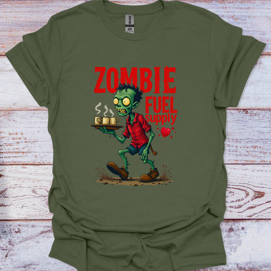 Green t-shirt with a zombie graphic and 'Zombie Fuel Supply' text on a wooden surface