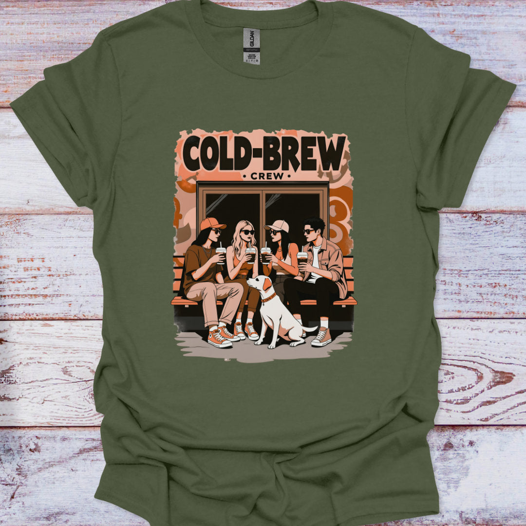Green t-shirt with 'Cold Brew Crew' graphic on a wooden surface