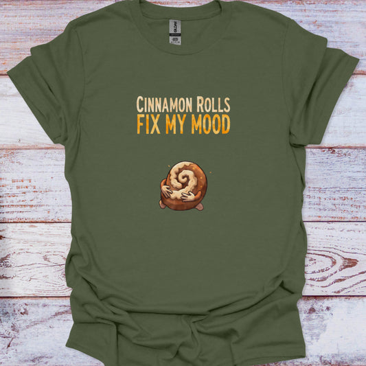 Dessert lover graphic t-shirt featuring a hugging cinnamon bun on a Military Green background.