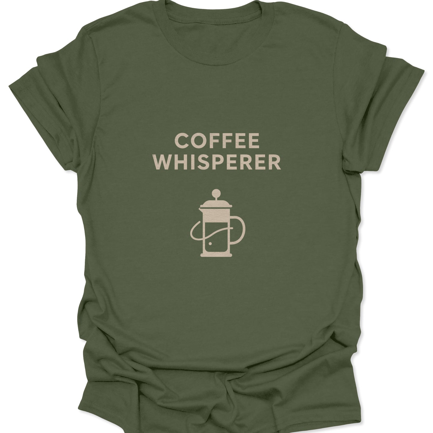 Graphic tee in military green showcasing a minimalist tan French Press design with "Coffee Whisperer" text above it.