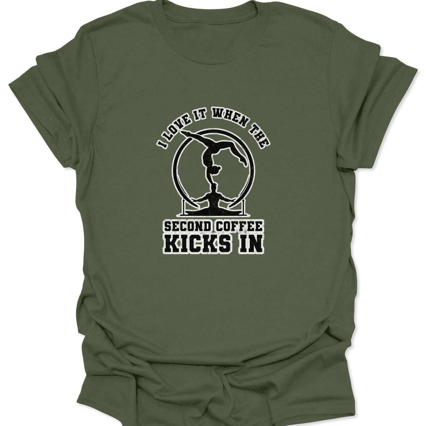 An olive military green shirt featuring a white circular graphic of a gymnast athlete and a witty caffeine-addiction caption.