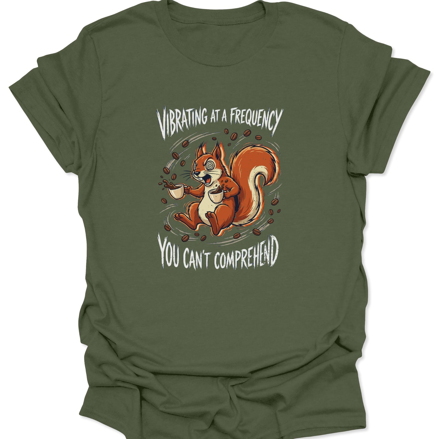 Aggressive squirrel coffee lover design with vintage-style white typography and espresso bean motifs on a military green fabric.