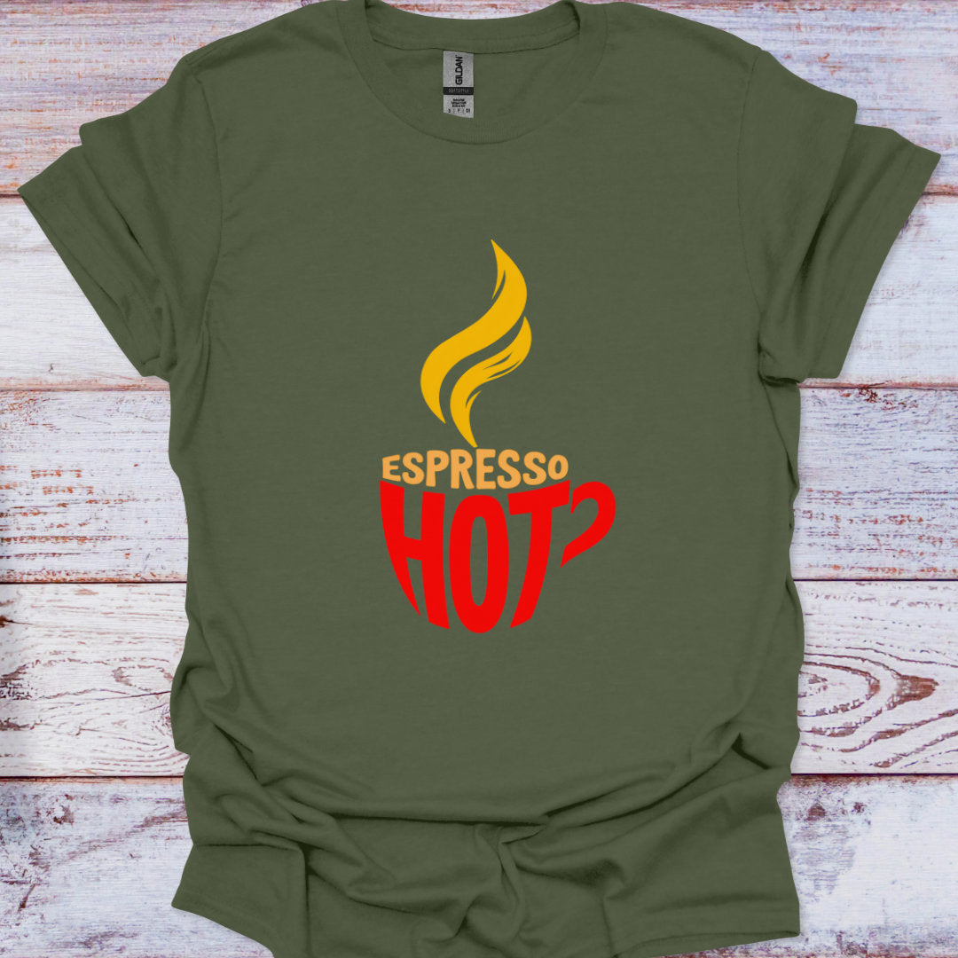 Green t-shirt with 'Espresso Hot' design on a wooden surface
