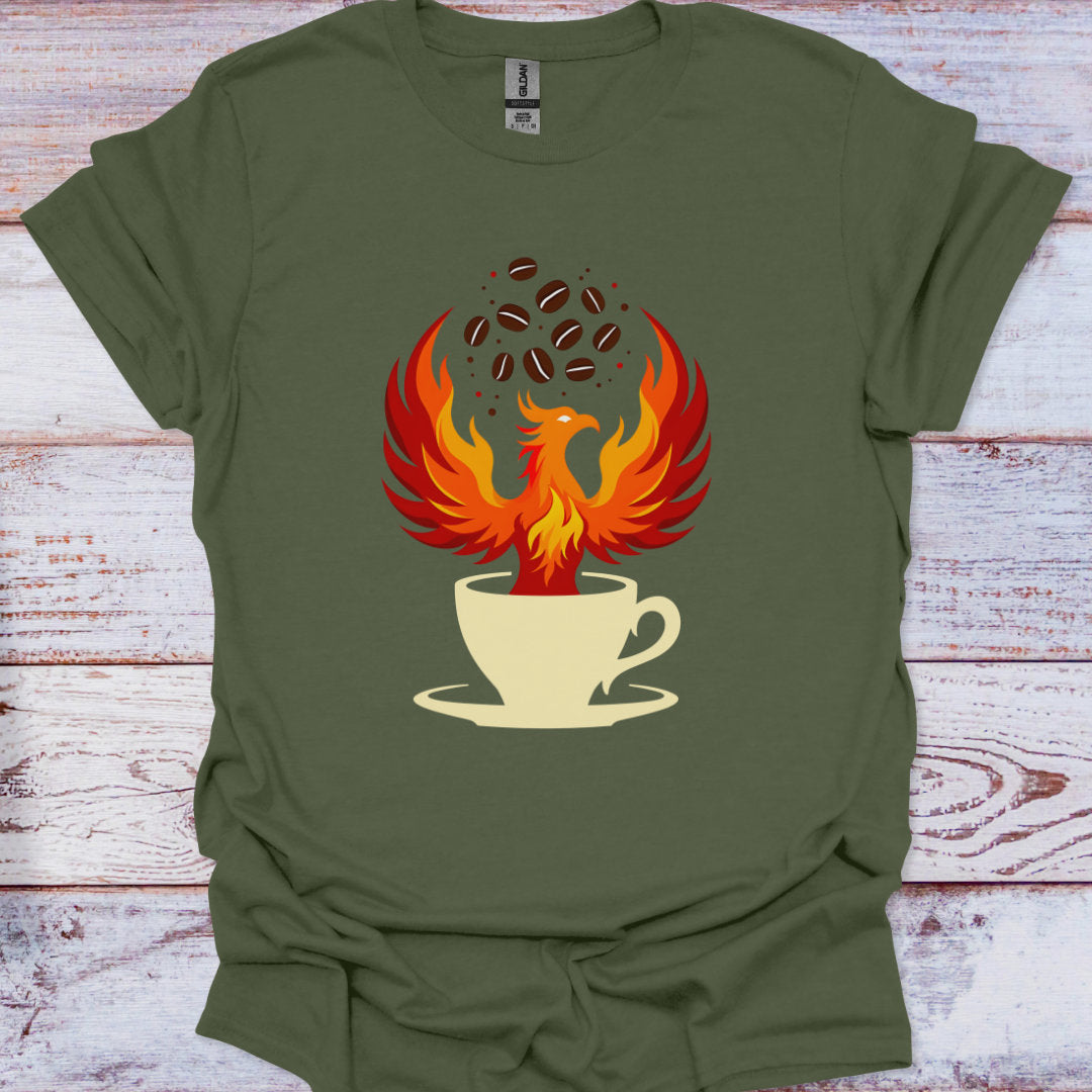Green t-shirt with a phoenix rising from a coffee cup graphic on a wooden surface