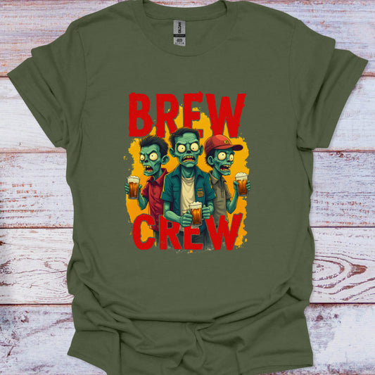 Green t-shirt with 'Brew Crew' design featuring zombies holding coffee on a wooden background