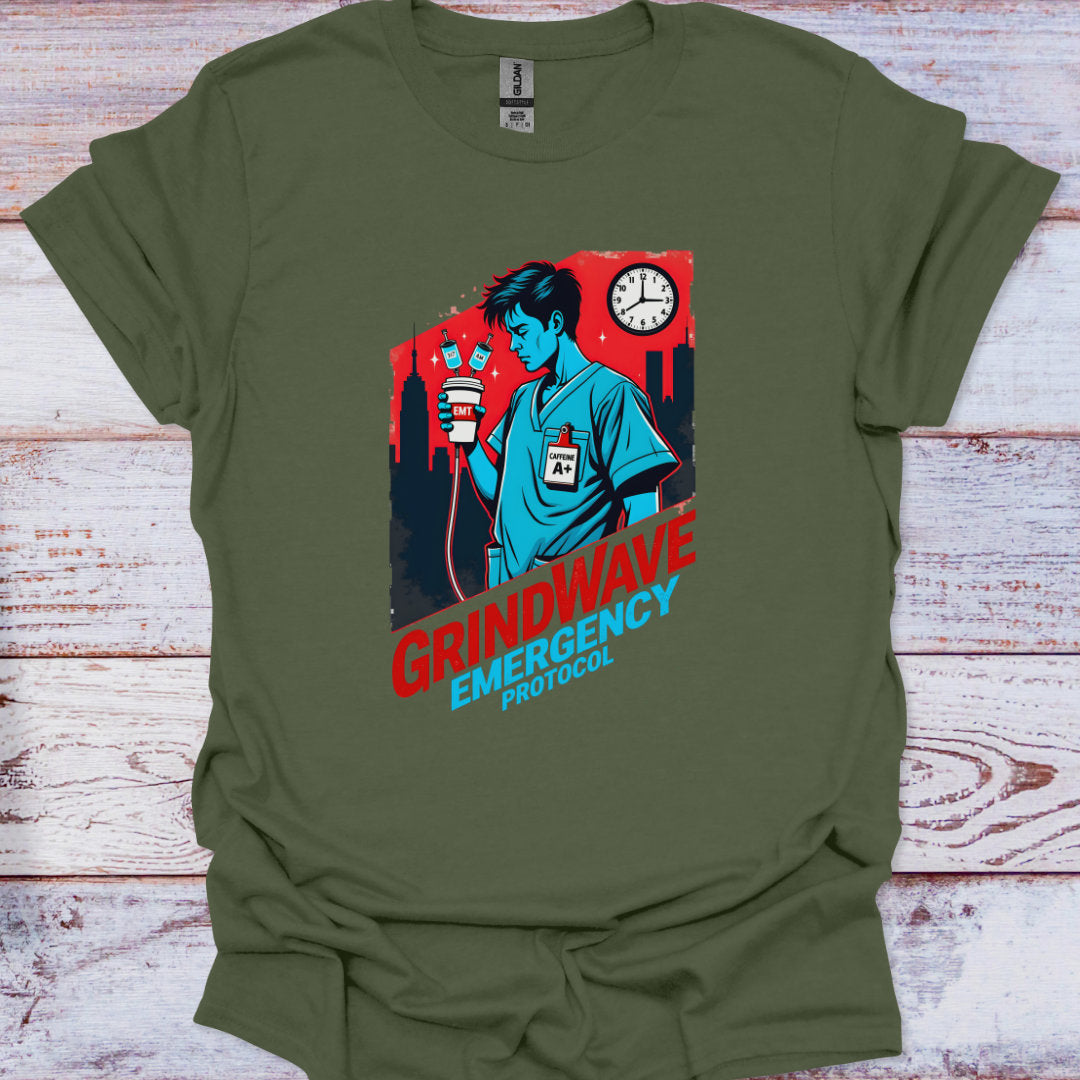 Green t-shirt with a graphic design featuring a person, clock, and text on a wooden surface.