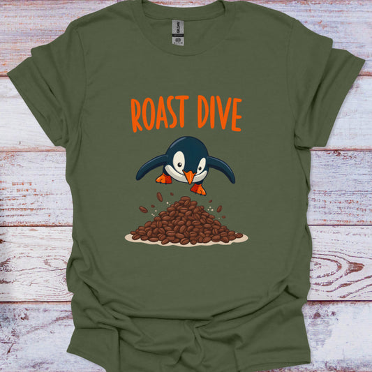 Green t-shirt with a penguin graphic and 'Roast Dive' text on a wooden surface