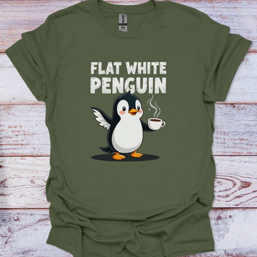 Green t-shirt with a penguin holding a coffee cup and 'Flat White Penguin' text on a wooden surface.