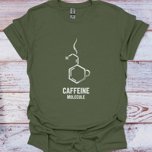 Green t-shirt with caffeine molecule design on a wooden surface