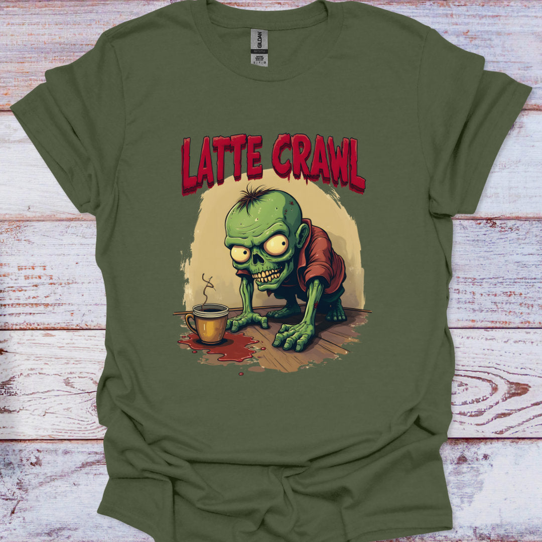 Green t-shirt with a zombie graphic and 'Latte Crawl' text on a wooden surface