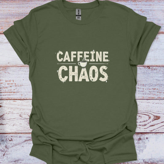 Green t-shirt with 'CAFFEINE CHAOS' text on a wooden surface