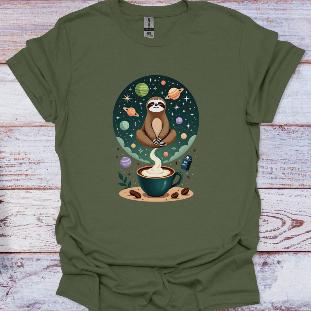 Green t-shirt with a sloth and coffee cup design on a wooden surface