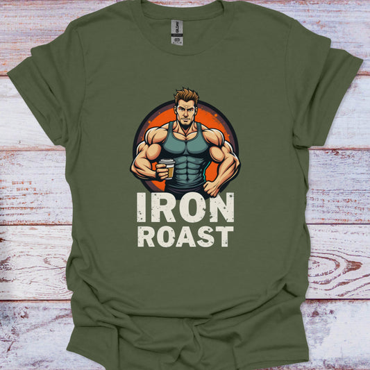 Green t-shirt with 'Iron Roast' graphic on a wooden surface