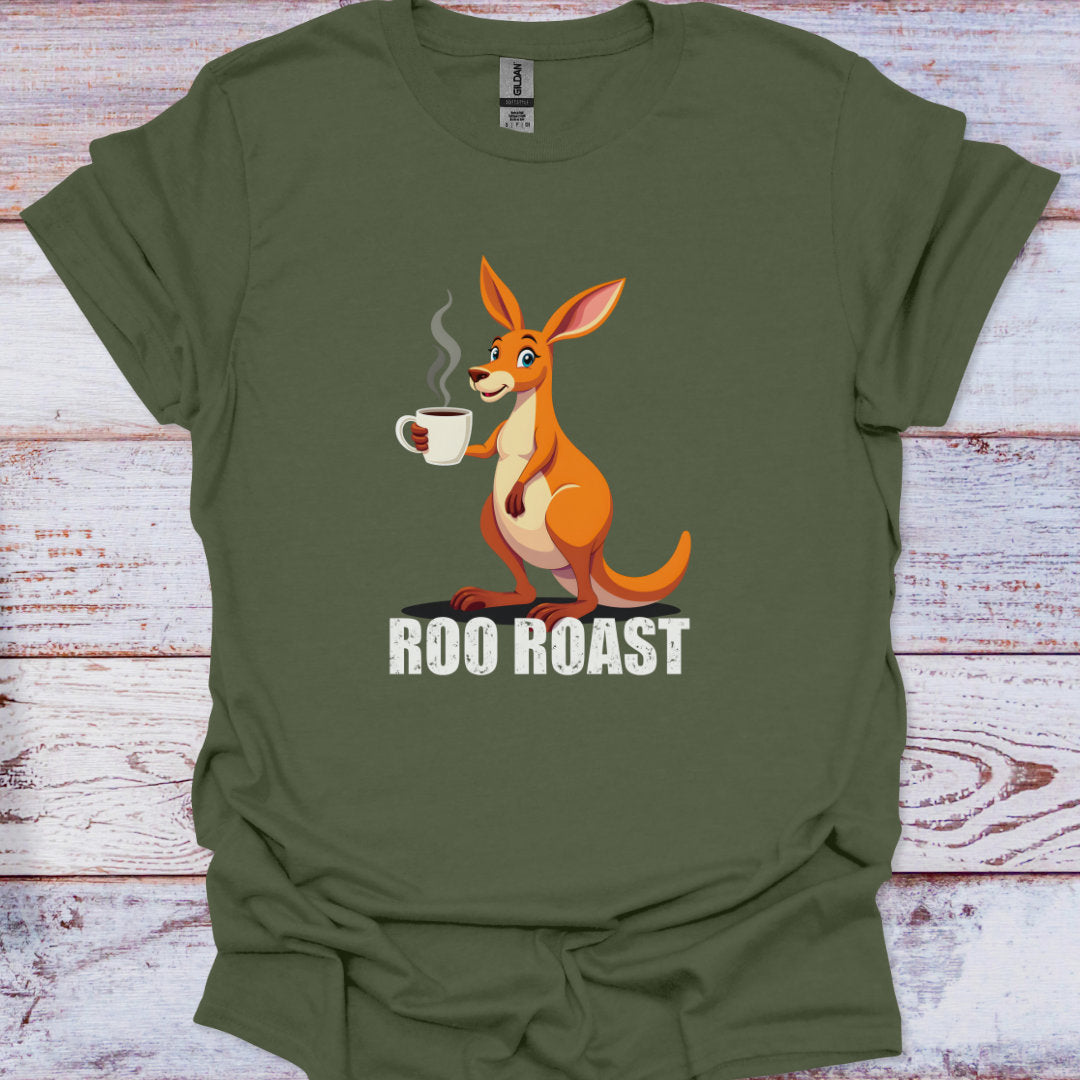 Green t-shirt with a kangaroo holding a coffee cup and 'ROO ROAST' text on a wooden surface