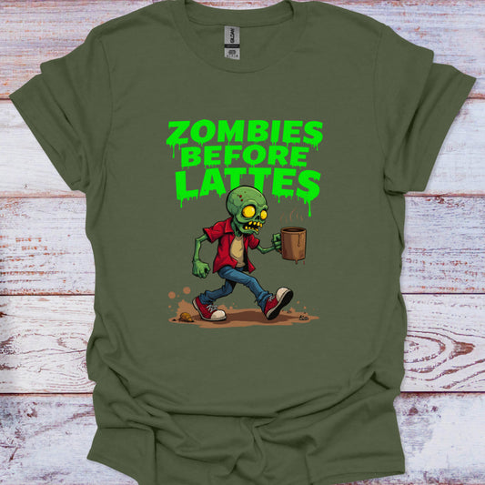 Green t-shirt with a zombie graphic and 'Zombies Before Lattes' text on a wooden surface
