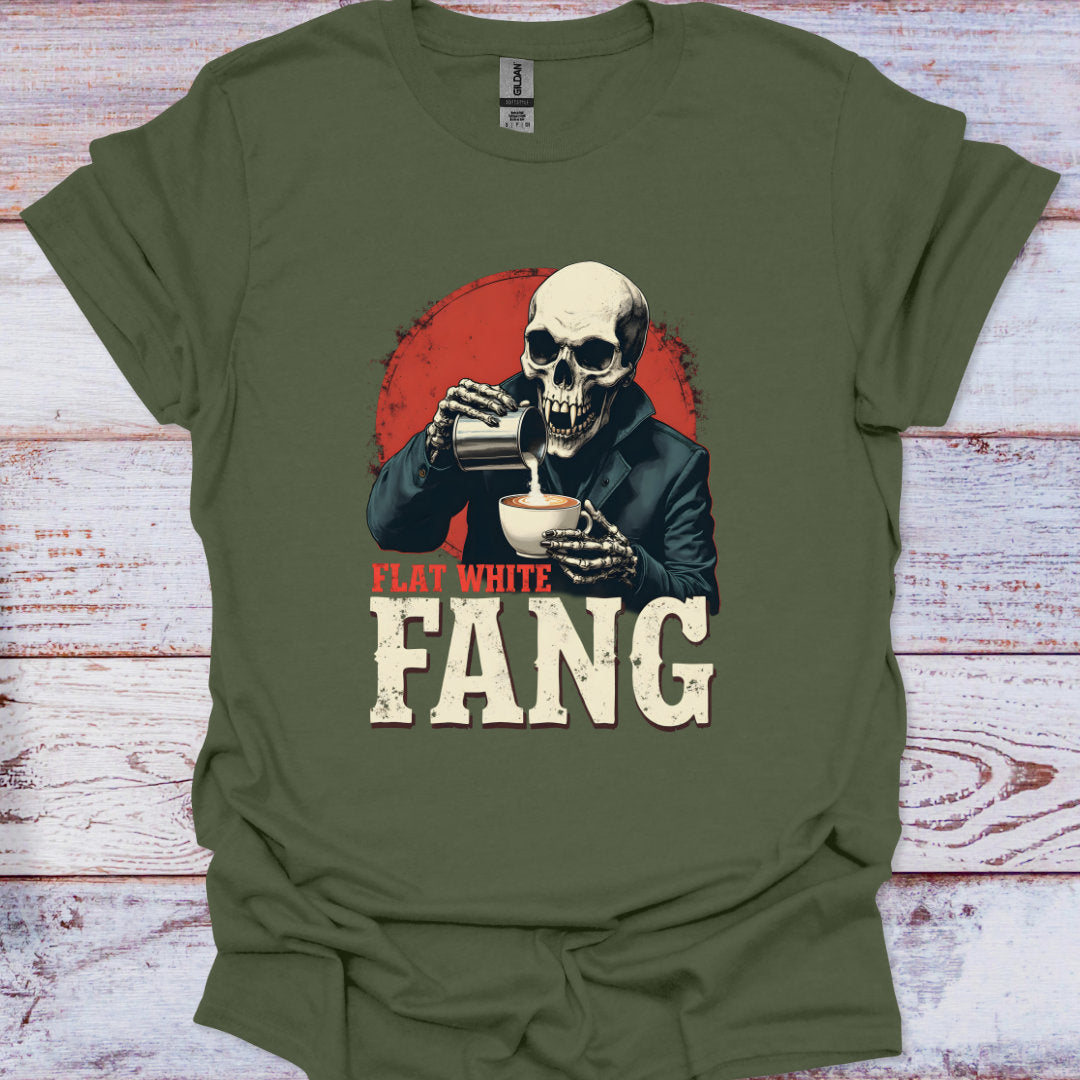 Green t-shirt with a skull design holding a coffee cup and 'Flat White Fang' text on a wooden surface.