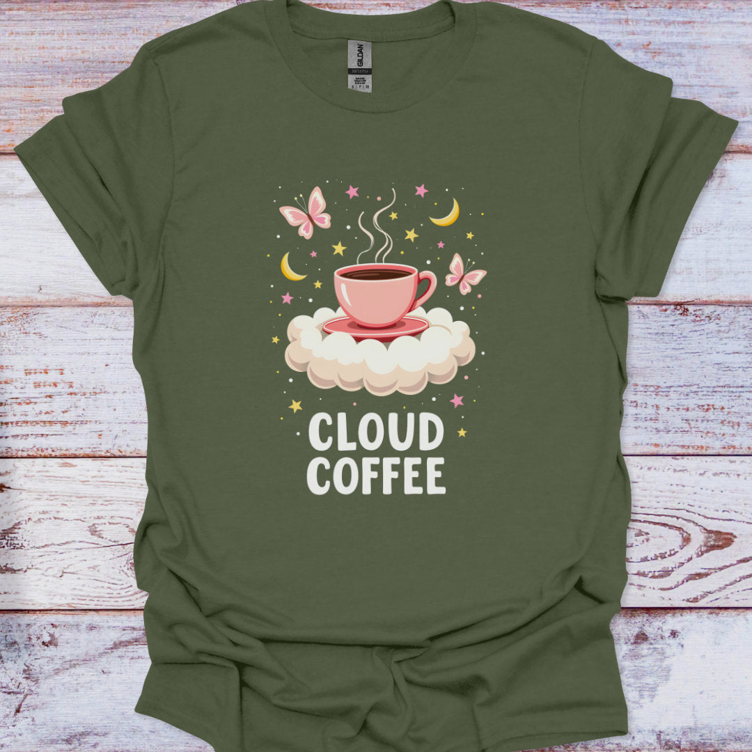 Green t-shirt with a coffee cup graphic and 'Cloud Coffee' text on a wooden surface