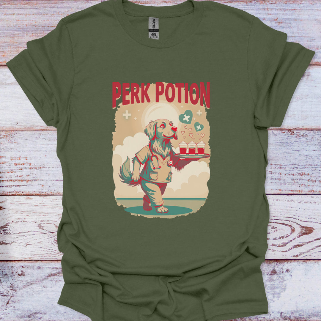 Green t-shirt with 'Perk Potion' graphic design on a wooden surface