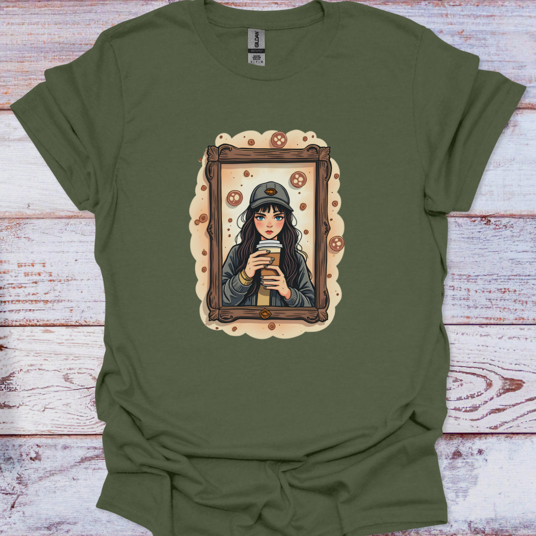 Green t-shirt with a graphic of a woman holding a coffee cup on a wooden surface