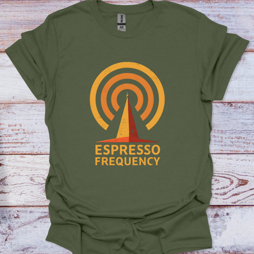 Green t-shirt with 'Espresso Frequency' logo on a wooden surface
