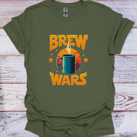Green t-shirt with 'Brew Wars' graphic on a wooden surface
