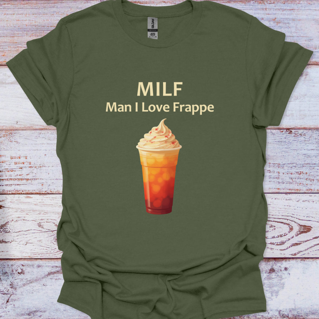 Green t-shirt with a graphic of a frappe and text on a wooden surface
